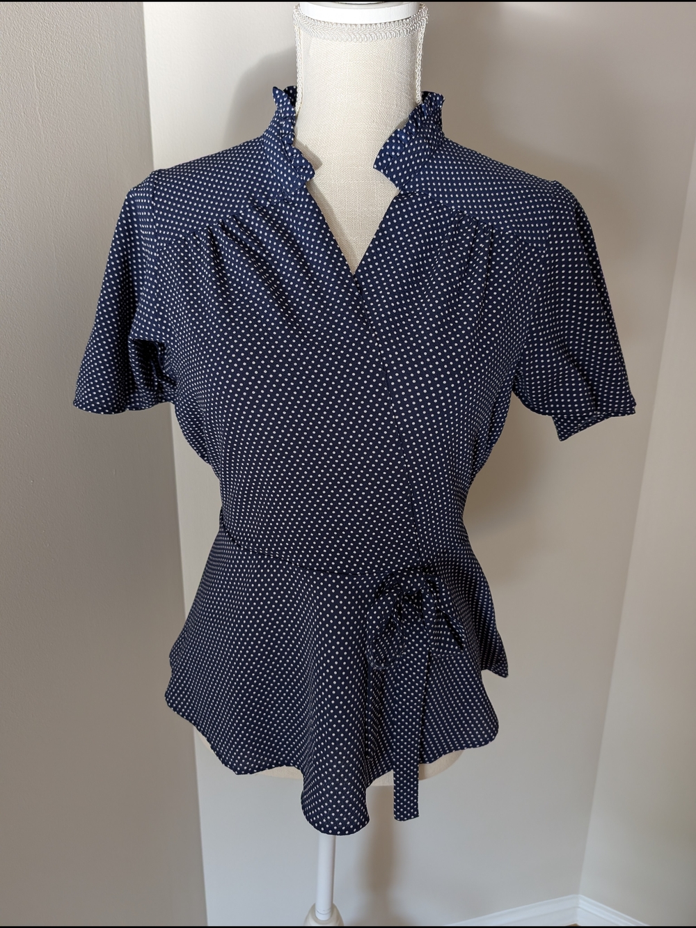 Monteau Navy and White Polka Dot Wrap Blouse